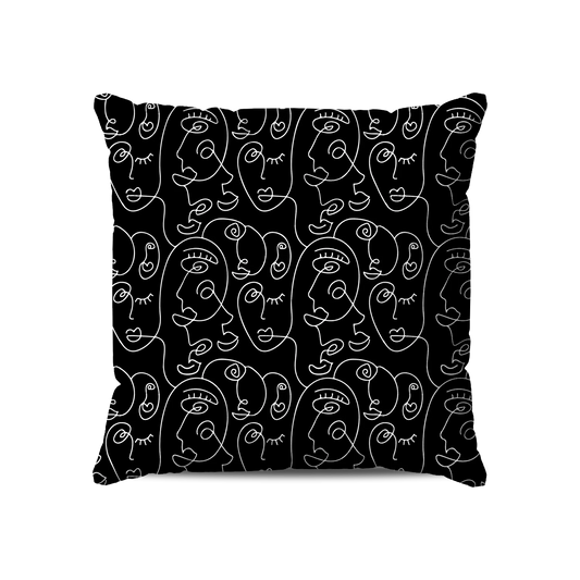 Coussin|  Collection One Line |  Visages Arrondis Abstraits – Blanc sur Fond Noir