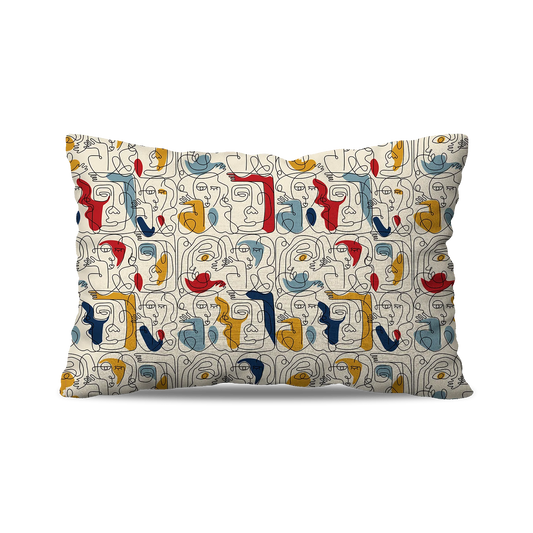 Coussin|  Collection One Line |  Visages Carrés Abstraits Colorés – Fond Beige