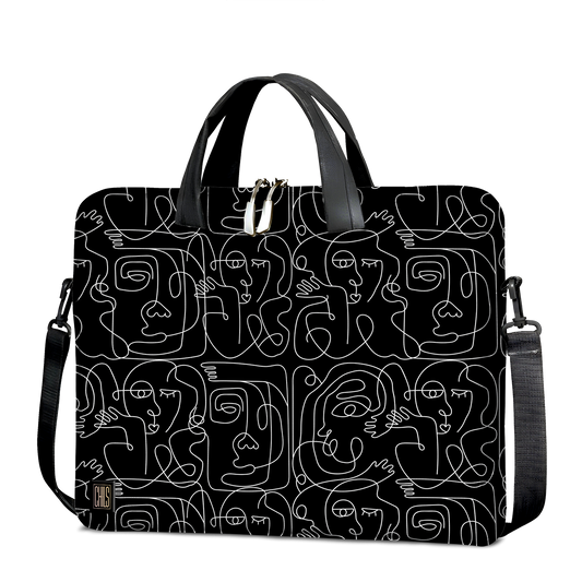 Sac à Bandoulière | Collection One Line | Visages Carrés Abstraits – Blanc sur Fond Noir