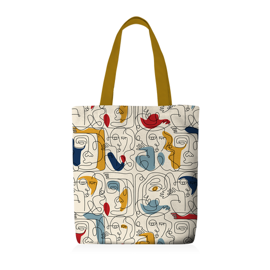 Tote Bag | Collection One Line | Visages Carrés Abstraits Colorés – Fond Beige (Anses Ocres)