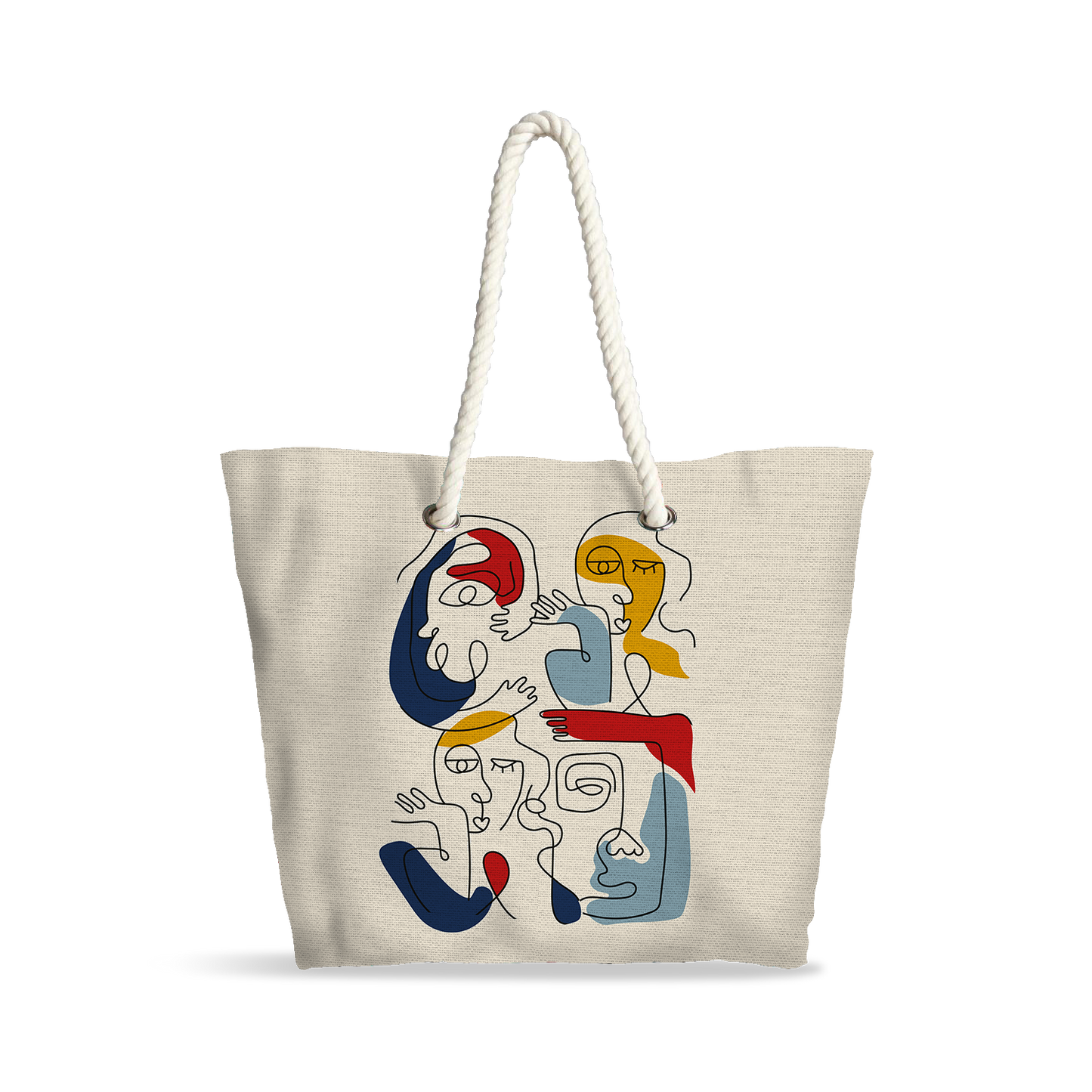 Sac Cabas | Collection One Line | Faces en Réseau – Couleurs Vives sur Fond Beige