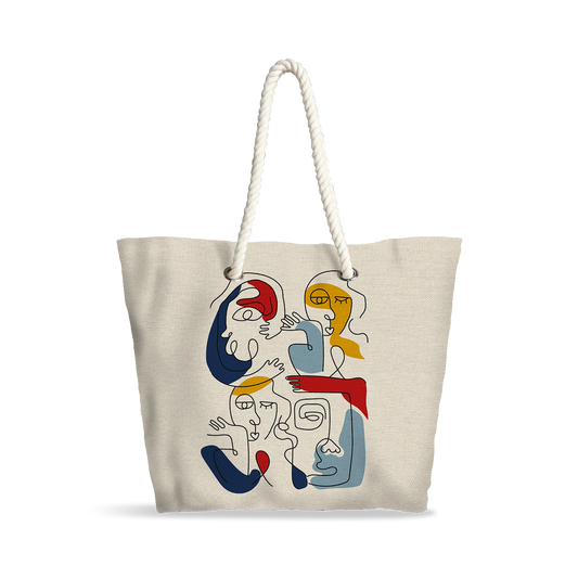 Sac Cabas | Collection One Line | Faces en Réseau – Couleurs Vives sur Fond Beige