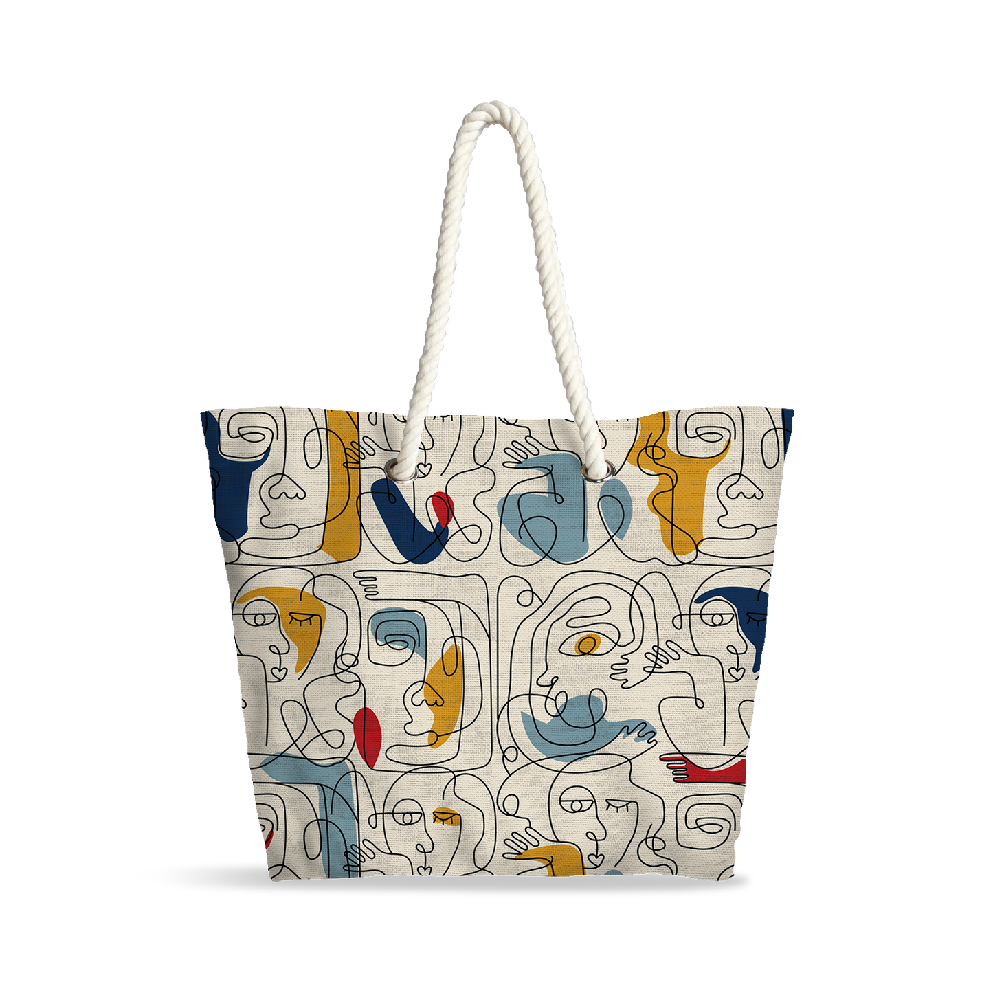 Sac Cabas | Collection One Line | Visages Carrés Abstraits Colorés – Fond Beige