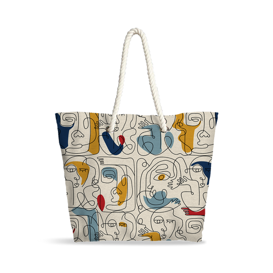 Sac Cabas | Collection One Line | Visages Carrés Abstraits Colorés – Fond Beige
