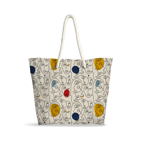 Sac Cabas | Collection One Line | Visages Arrondis Abstraits Colorés – Fond Beige