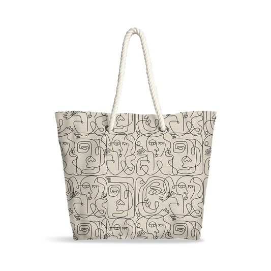 Sac Cabas | Collection One Line | Visages Carrés Abstraits – Noir sur Fond Beige