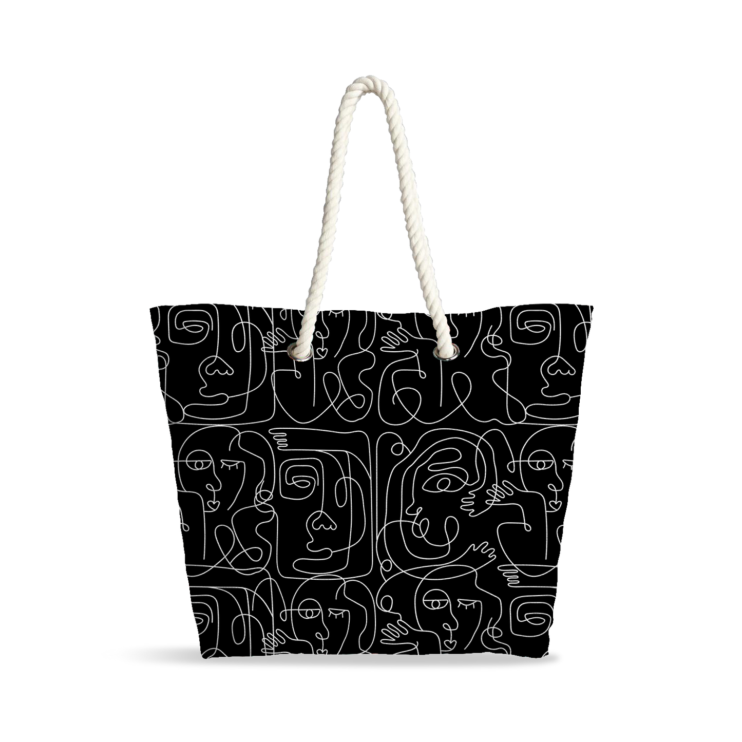 Sac Cabas | Collection One Line | Visages Carrés Abstraits – Blanc sur Fond Noir