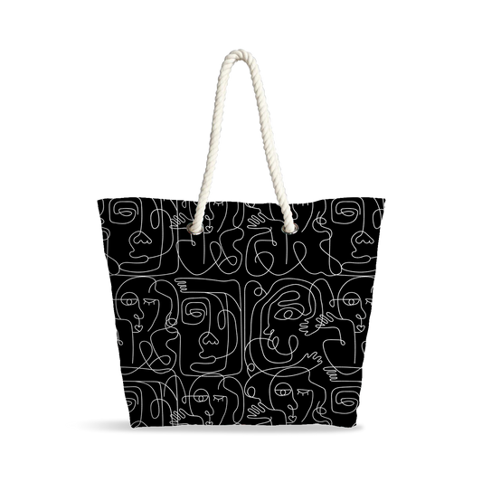 Sac Cabas | Collection One Line | Visages Carrés Abstraits – Blanc sur Fond Noir