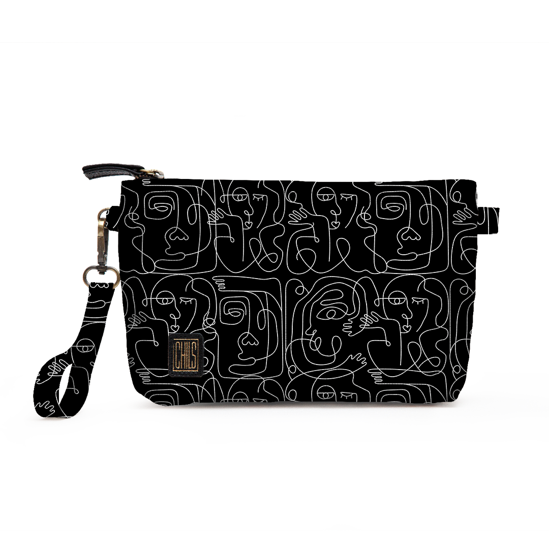 Trousse Vanity | Collection One Line | Visages Carrés Abstraits – Blanc sur Fond Noir