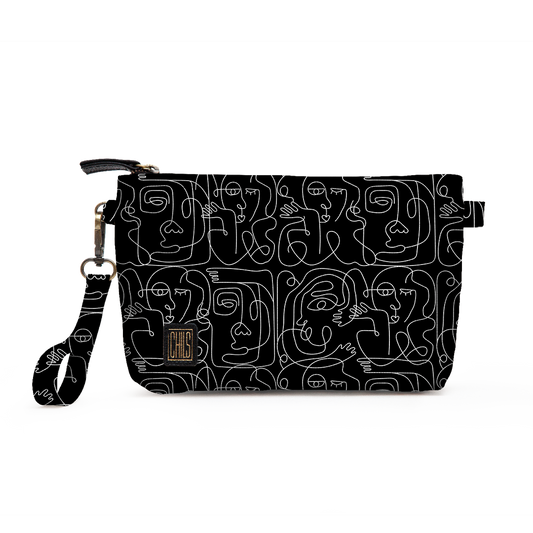 Trousse Vanity | Collection One Line | Visages Carrés Abstraits – Blanc sur Fond Noir