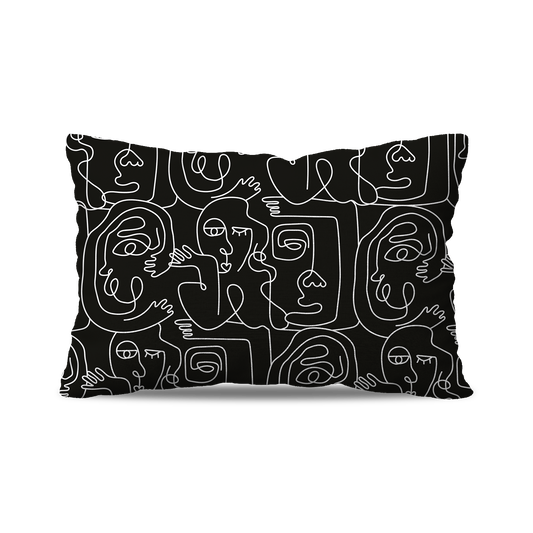 Coussin Rectangle | Collection One Line | Visages Carrés Abstraits – Blanc sur Fond Noir (Grand Format)