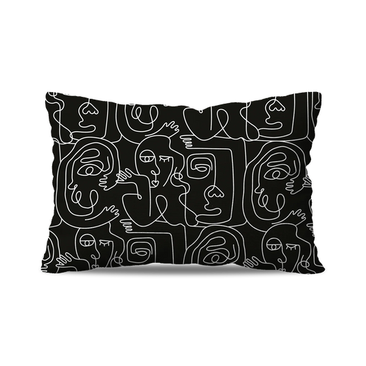 Coussin|  Collection One Line | Visages Carrés Abstraits – Blanc sur Fond Noir (Grand Format)