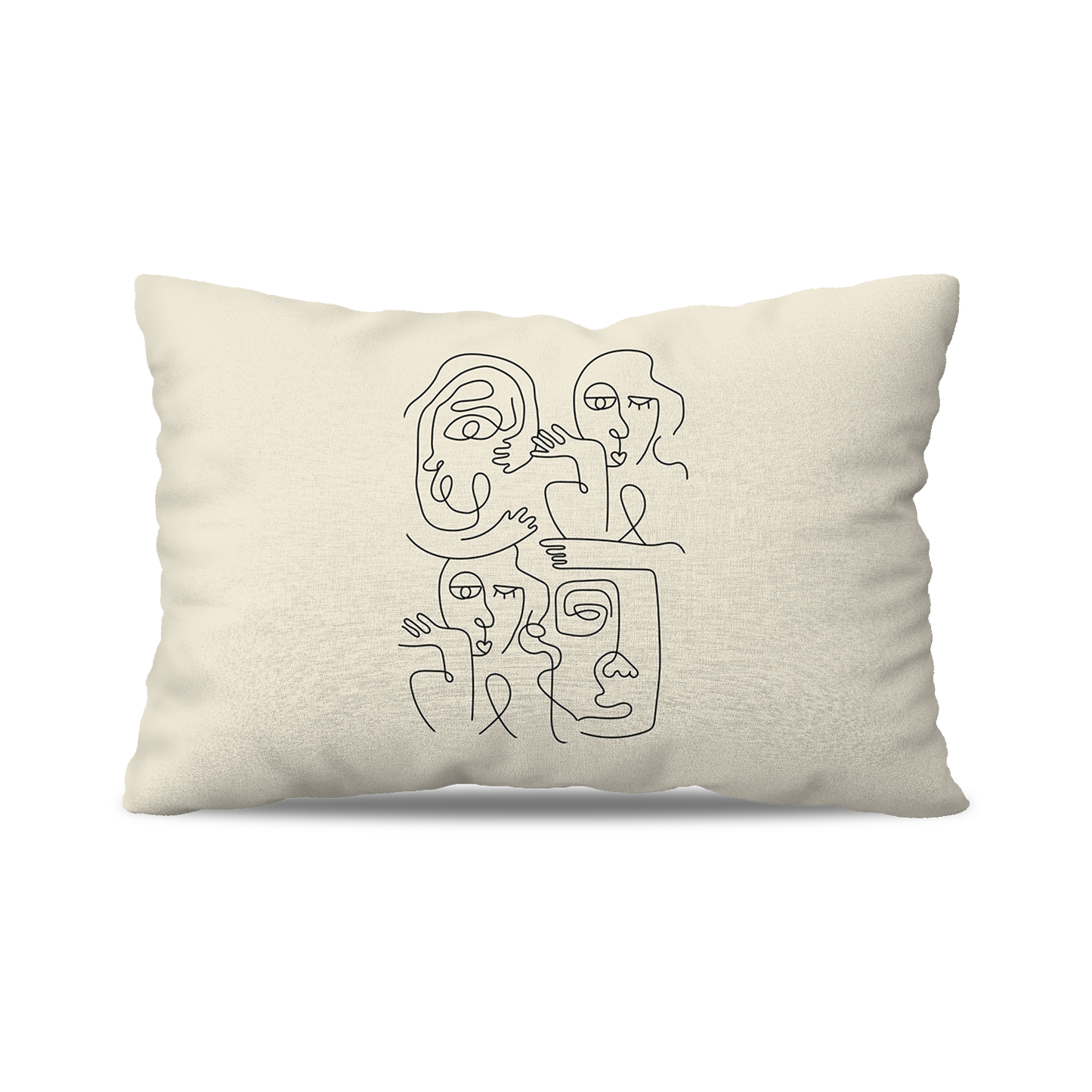 Coussin|  Collection One Line | Faces en Réseau – Traits Noirs sur Fond Beige