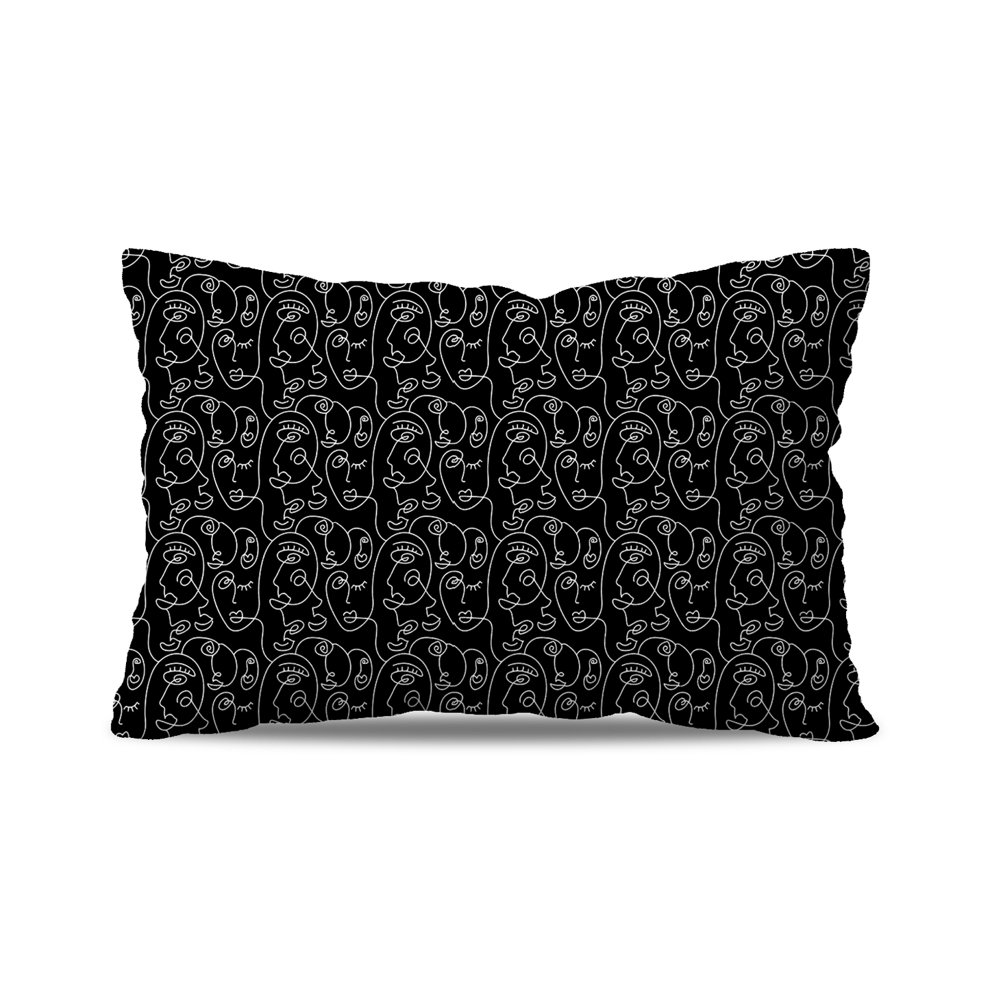 Coussin|  Collection One Line |  Visages Arrondis Abstraits – Blanc sur Fond Noir