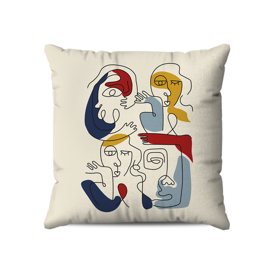 Coussin|  Collection One Line | Faces en Réseau – Couleurs Vives sur Fond Beige