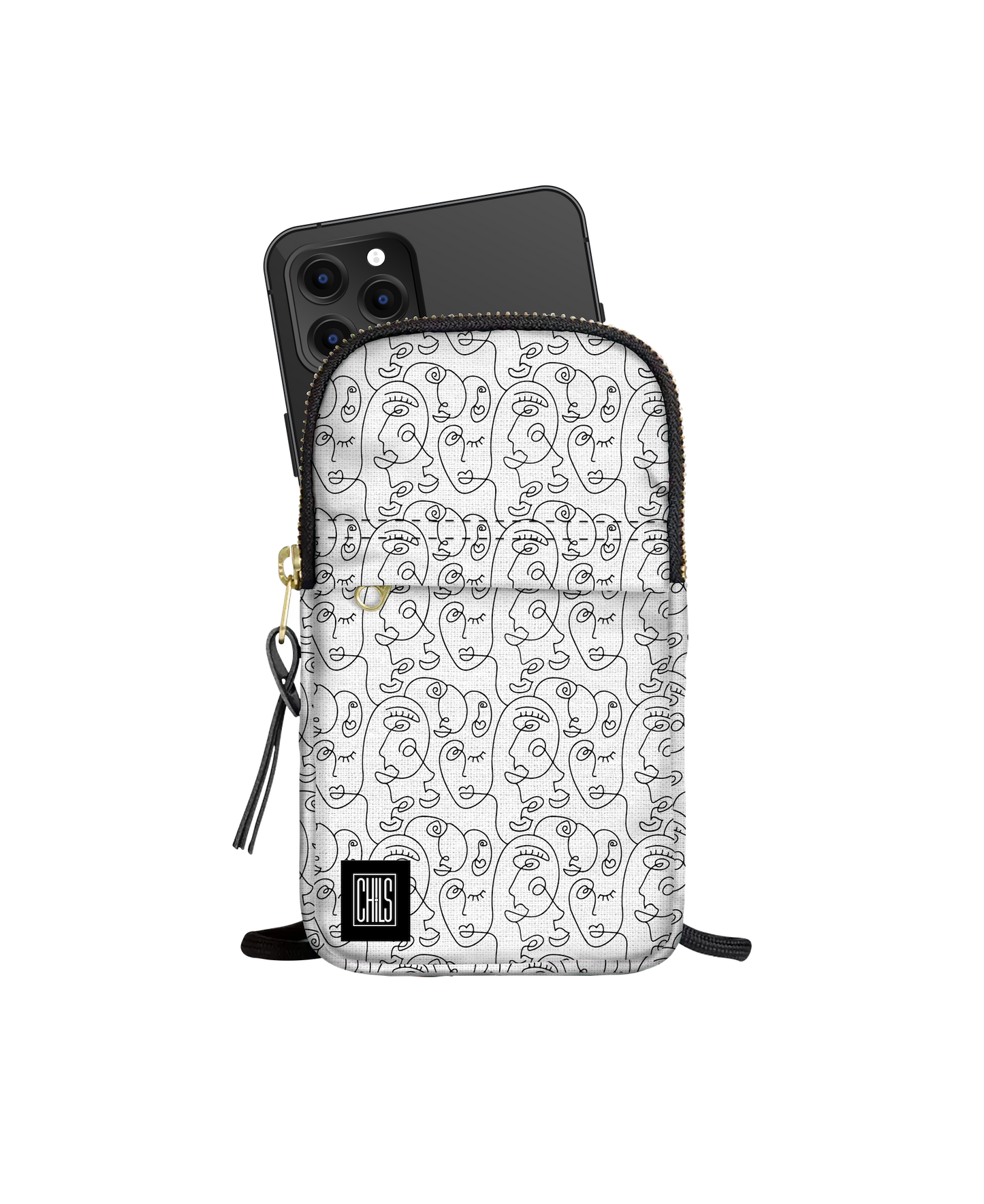 Porte Téléphone| Collection One Line |Visages Arrondis Abstraits – Noir sur fond  Blanc