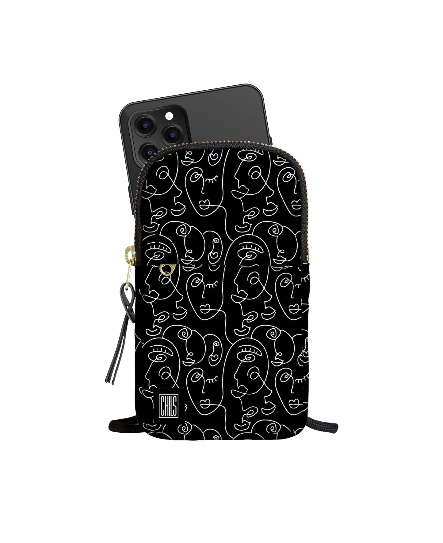 Porte Téléphone | Collection One Line | Visages Arrondis Abstraits  – Blanc sur fond noir