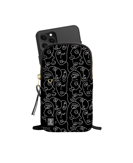 Porte Téléphone | Collection One Line | Visages Arrondis Abstraits  – Blanc sur fond noir