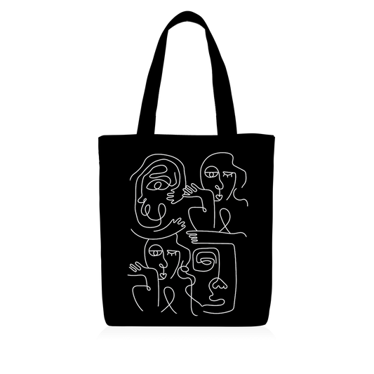 Tote Bag | Collection One Line | Faces en Réseau – Blanc sur fond Noir