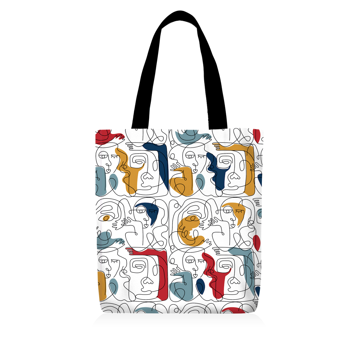 Tote Bag | Collection One Line | Visages Carrés Abstraits Coloré- fond Blanc - Anses Noirs
