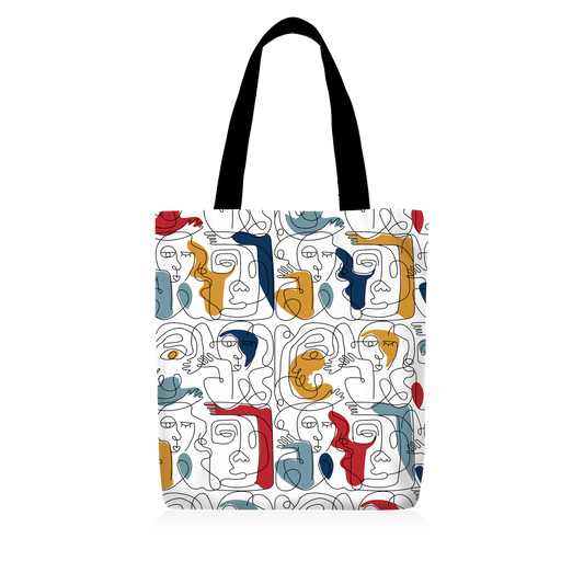 Tote Bag | Collection One Line | Visages Carrés Abstraits Coloré- fond Blanc - Anses Noirs
