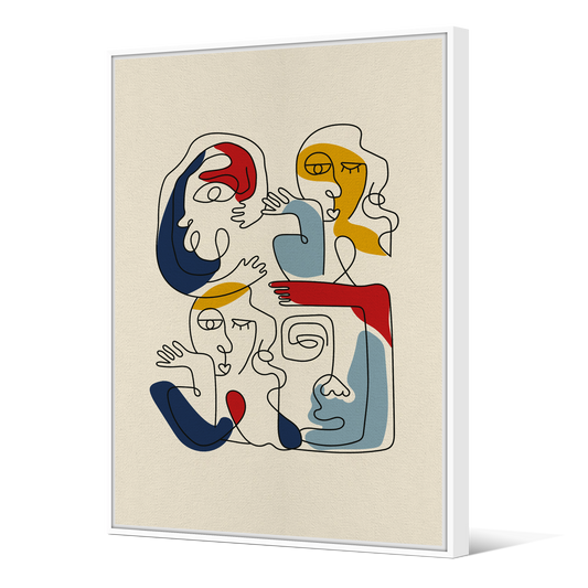 Tableau avec Cache-Clou | Collection One Line | Faces en Réseau Couleurs Vives sur Fond Beige