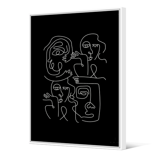 Tableau avec Cache-Clou | Collection One Line | Faces en Réseau – Blanc sur Fond noir