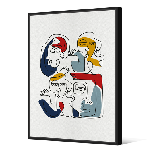 Tableau avec Cache-Clou | Collection One Line | Faces en Réseau – Couleurs vives sur Fond Blanc