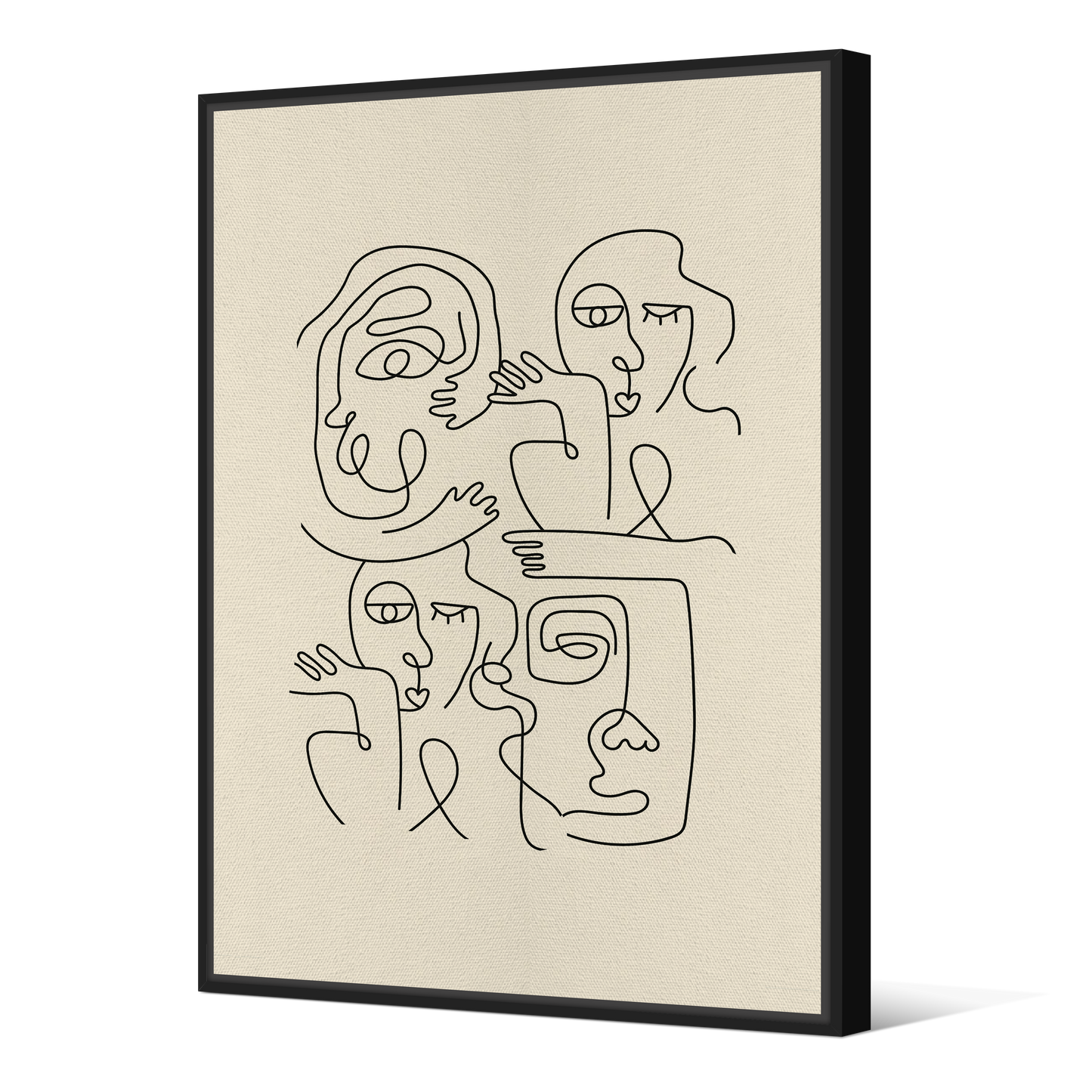 Tableau avec Cache-Clou | Collection One Line | Faces en Réseau – Traits Noirs sur Fond Beige