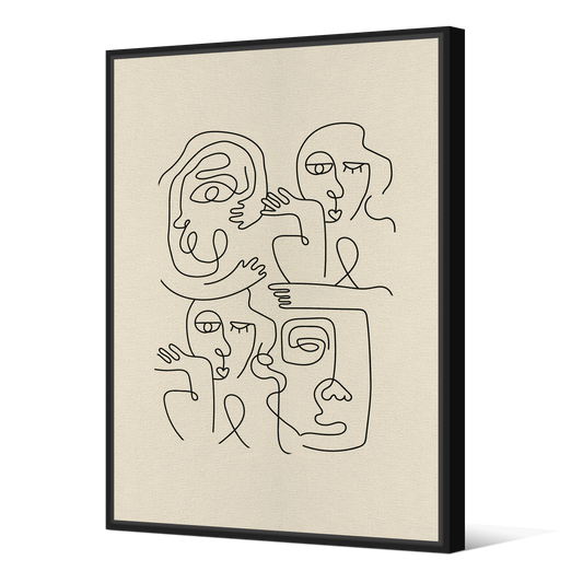 Tableau avec Cache-Clou | Collection One Line | Faces en Réseau – Traits Noirs sur Fond Beige